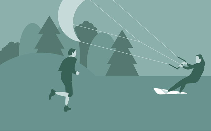 Løber i skoven, kitesurfer på vandet. Symboliserer politikker og visioner inden for natur- og friluftsliv