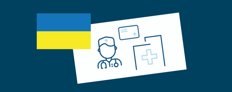 Banner med ukrainsk flag samt stregtegning af sundhedsperson, sundhedskort og sygehus