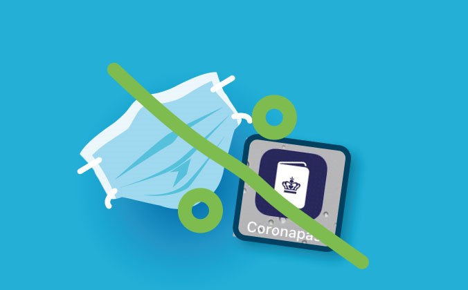 Tegning af mundbind og ikonet til coronapasset på smartphone. Der er sat minus hen over, fordi kravet bliver ophævet på biblioteket 14. juni 2021.