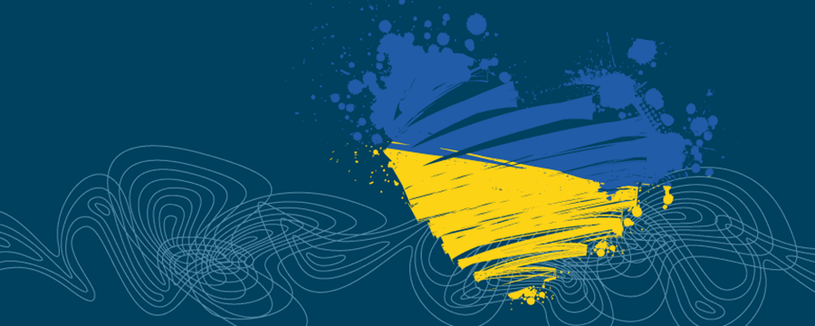 Mørkeblå baggrund med Frederikshavn Kommunes grafik "Strømme" og hjerte i de ukrainske gule og blå farver