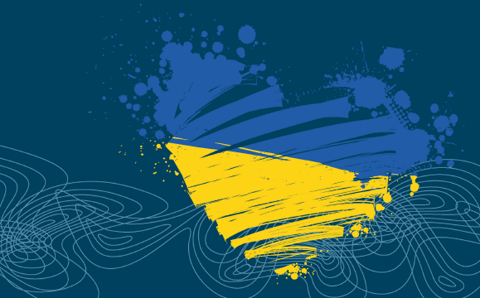 Mørkeblå baggrund med Frederikshavn Kommunes grafik "Strømme" og hjerte i de ukrainske gule og blå farver