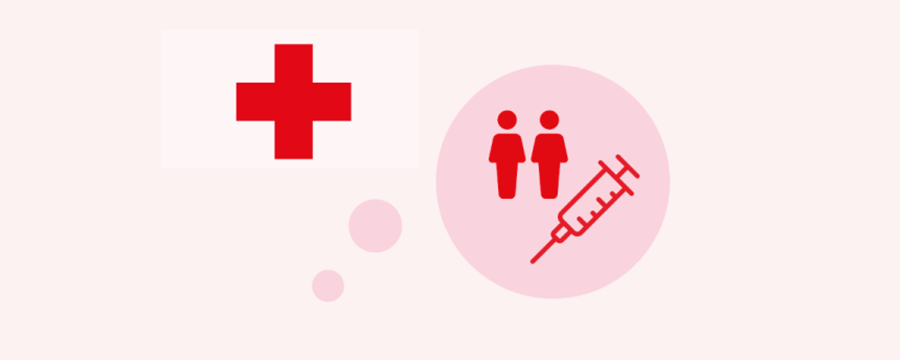 Røde Kors logo (et rødt kors) samt tegning er to personer og en vaccinekanyle