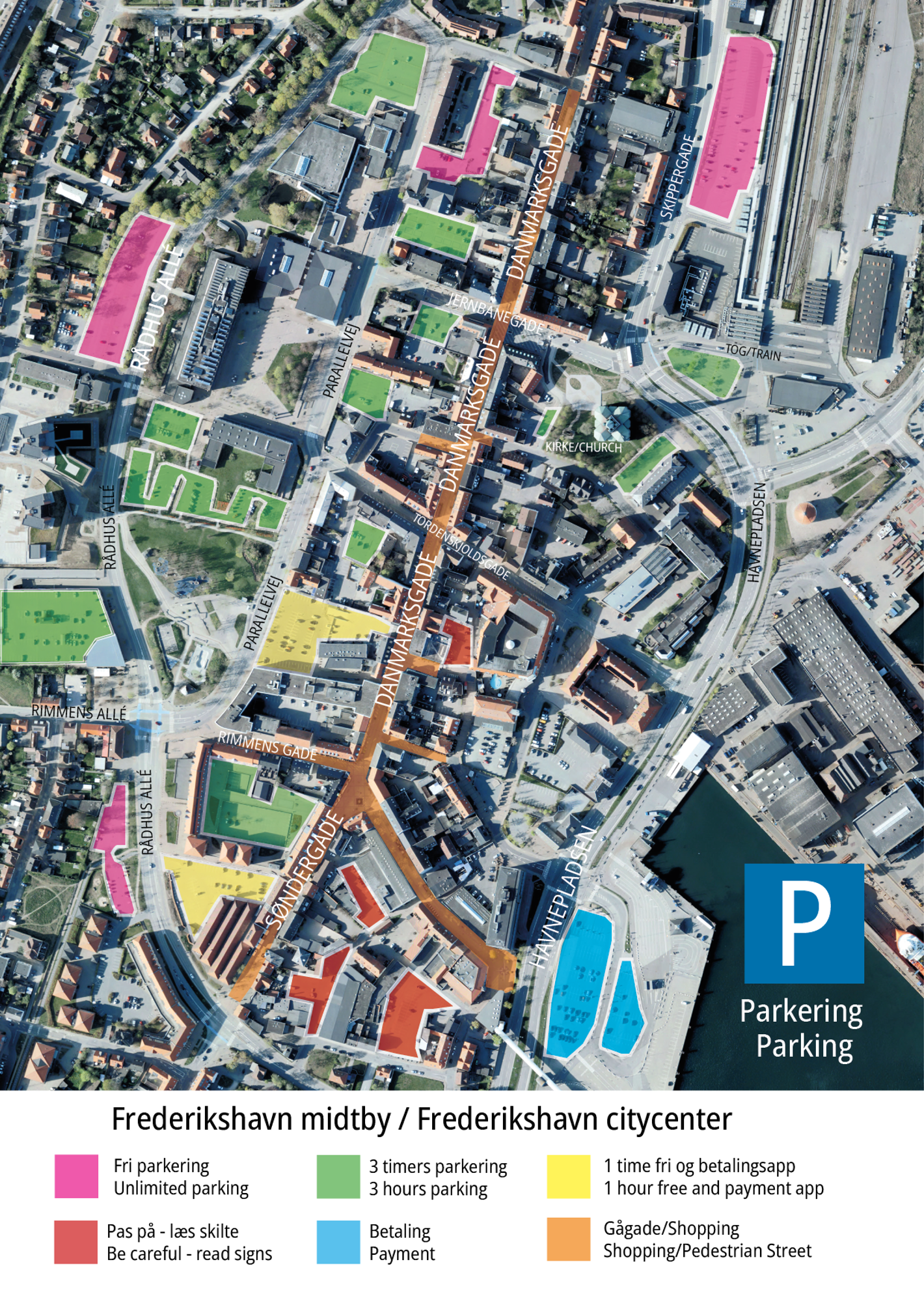 Kort over de større offentlige parkeringsarealer i Frederikshavn midtby. Billedet indeholder signaturforklaring med seks forskellige farver, der enten viser vilkårene på den enkelte plads, gør opmærksom på skiltningen eller viser områder med gågade.