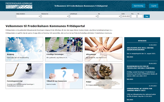 Skærmdump af Frederikshavn Kommunes Fritidsportals hjemmeside